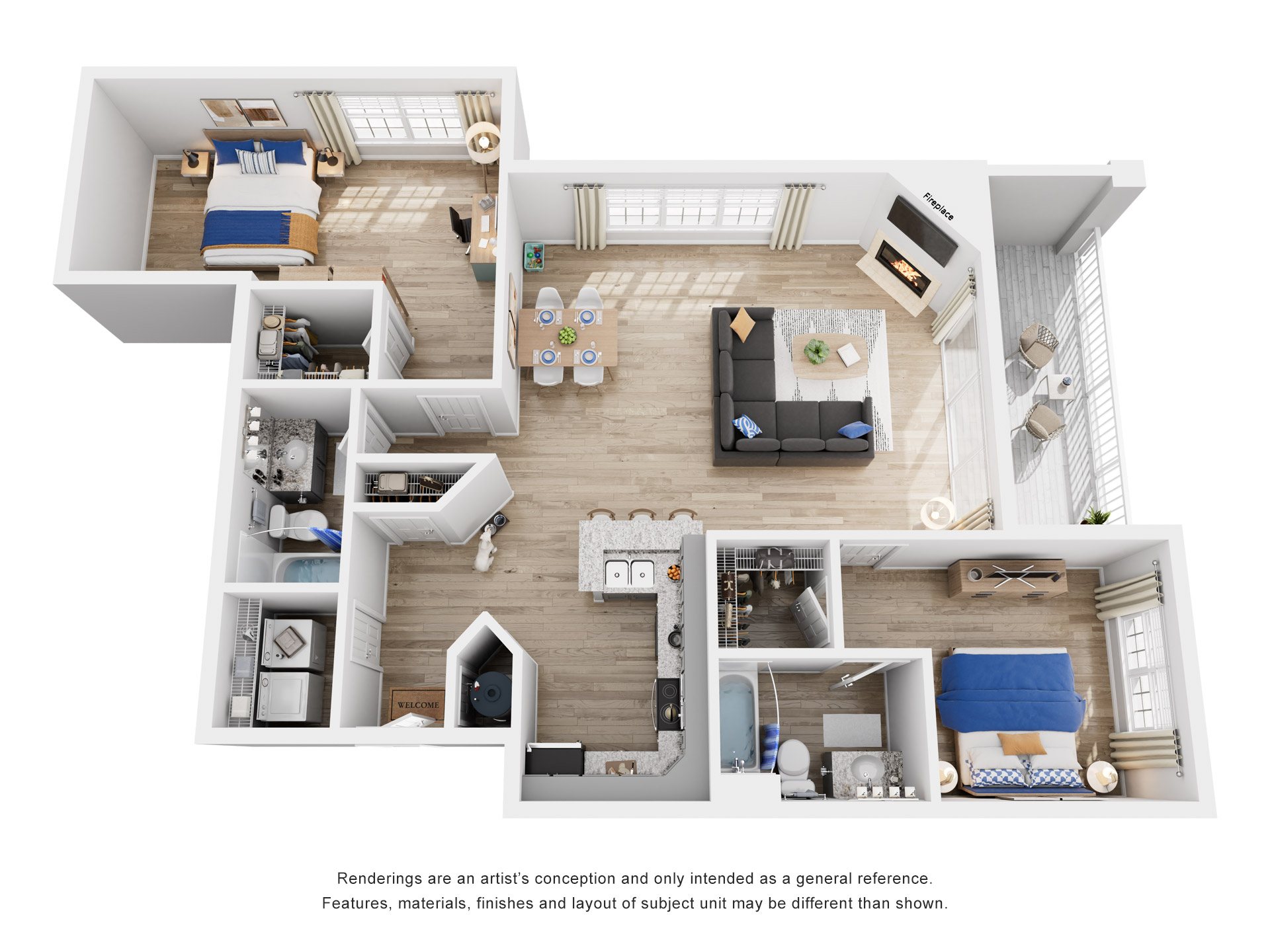 Floor plan for 2 beds, 2 baths, 1357 sqft
